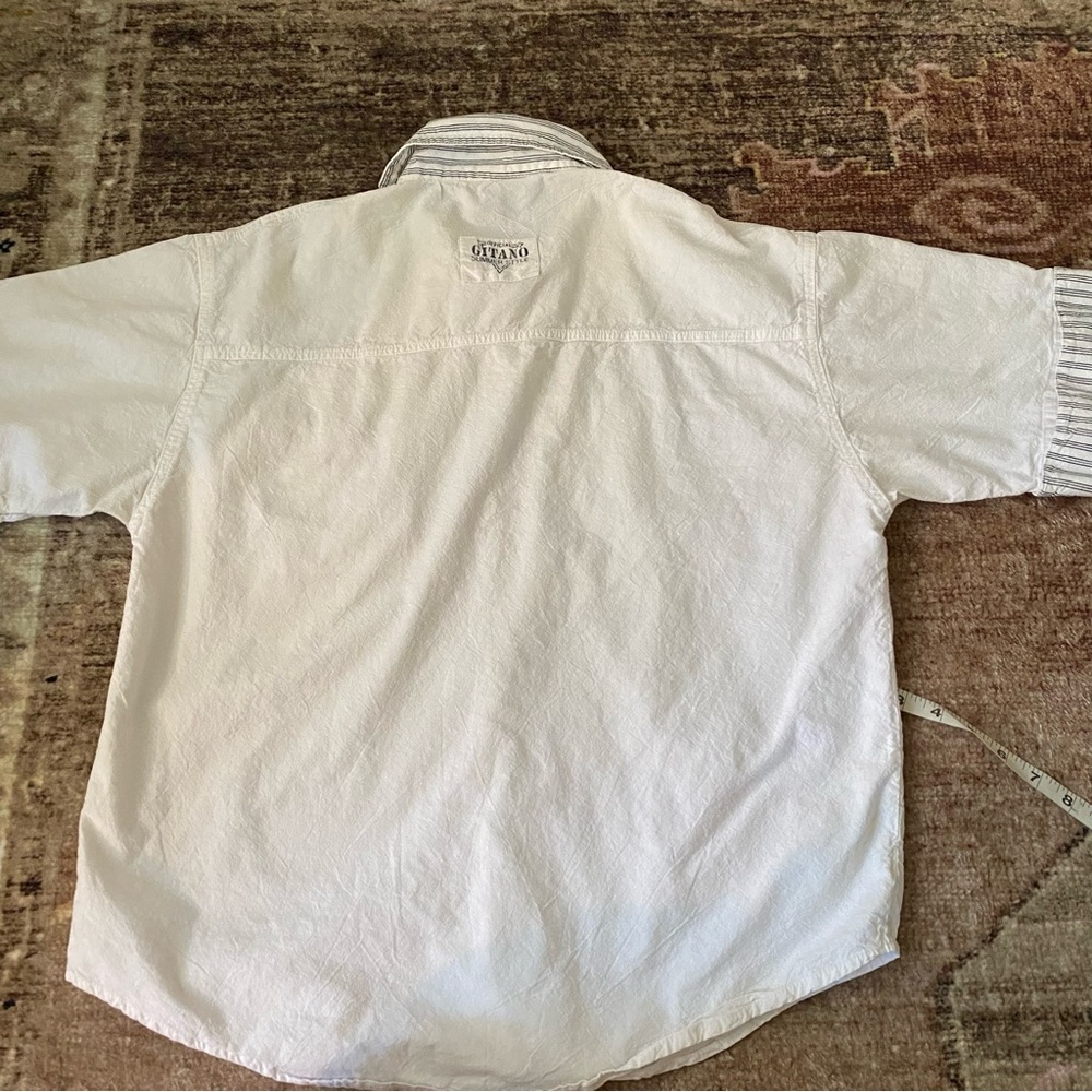 Vintage 80s 90s GITANO Men’s Cotton Button Down White Black Stripe Summer Beach - Picture 8 of 12
